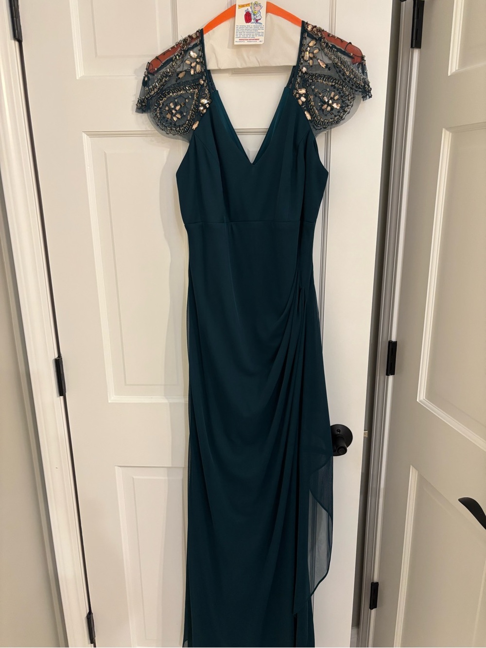 Xscape Teal Maxi Gown with Beaded Cap Sleeves